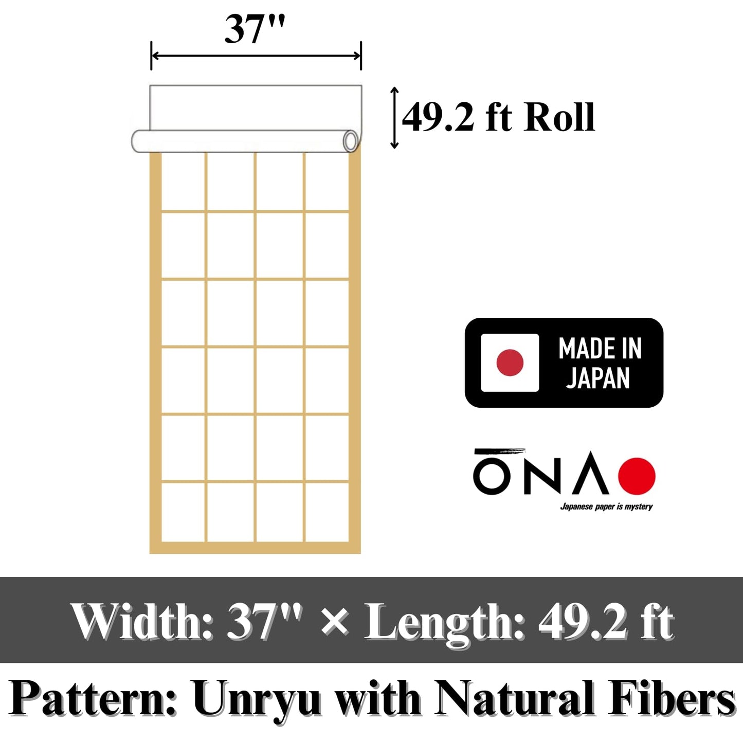 ONAO Japanese Shoji Paper Roll (37" x 49.2 ft) – Unryu Pattern with Natural Fibers, Shoji Screen Replacement Paper, Made in Japan