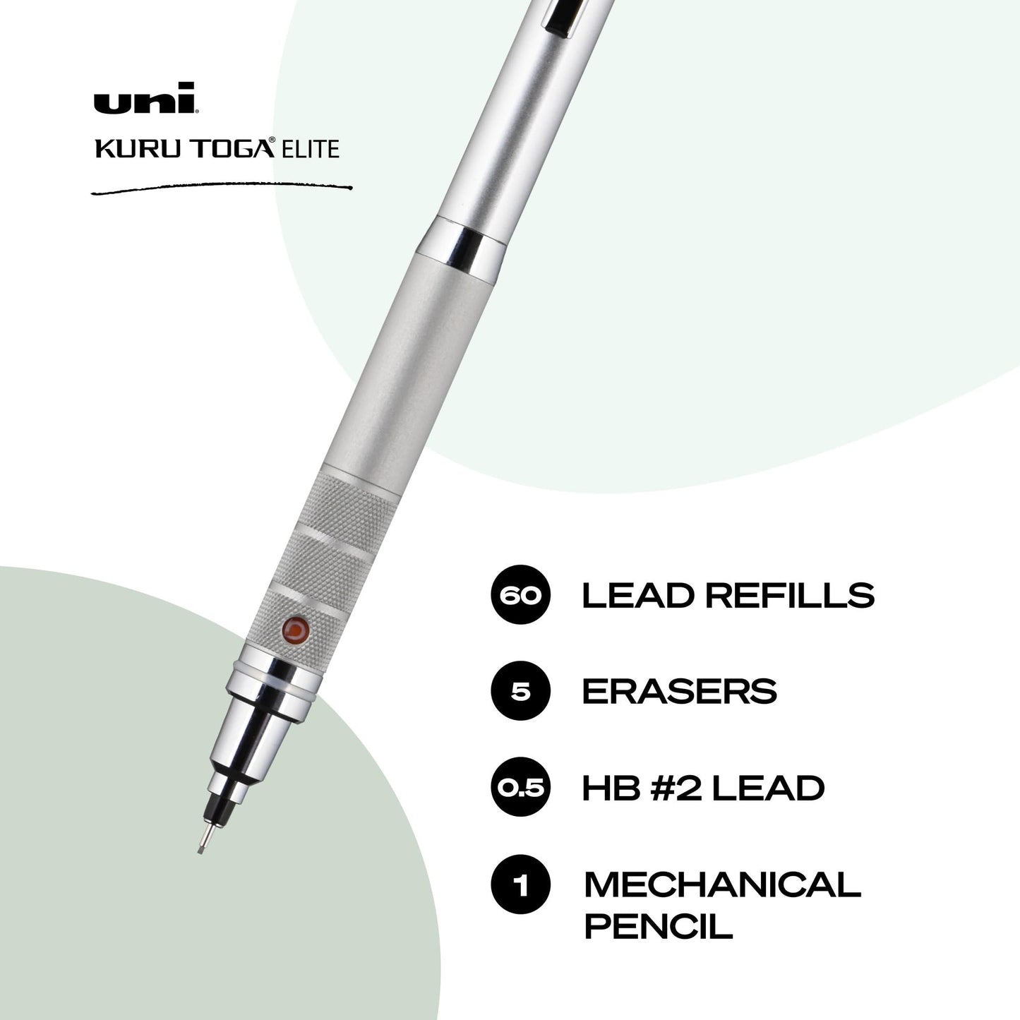 uniball Kuru Toga Elite Mechanical Pencil Starter Kit, 0.5mm, HB #2, Silver Barrel, 1 Pack