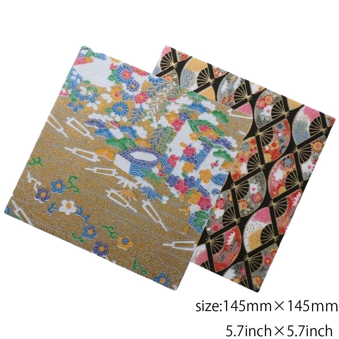 Made in Japan Echizen Washi Notebook with Sakura Watermark(Page 48) & 2 sheetsYuzen Origami Paper Set – Luxury Japanese Stationery Gift (Golden Kimono Pattern)
