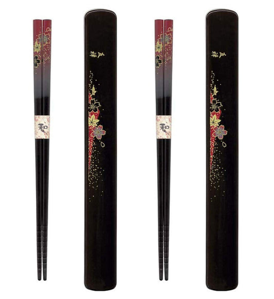 JapanBargain, Travel Chopsticks with Case Reusable Chinese Korean Japanese Bamboo Portable Chop Sticks Utensil Dishwasher Safe Made in Japan (2, Red-Yuzen)