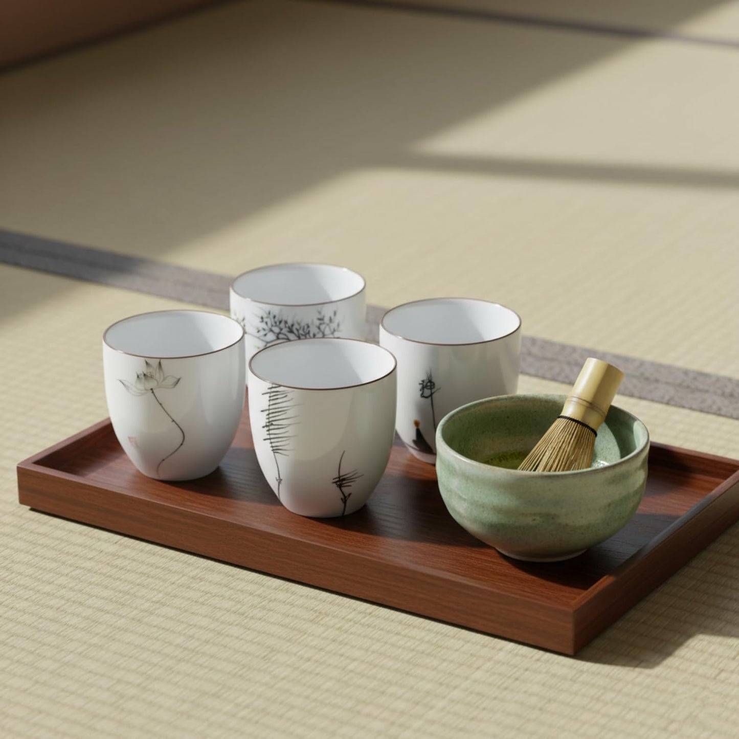 I-MART 4 Pcs Japanese Tea Cup Set, Chinese Style Ceramic Kung Fu Cups for Matcha, 5 oz Small Asian Tea Set, Traditional White Porcelain Cup Gift for Home or Office