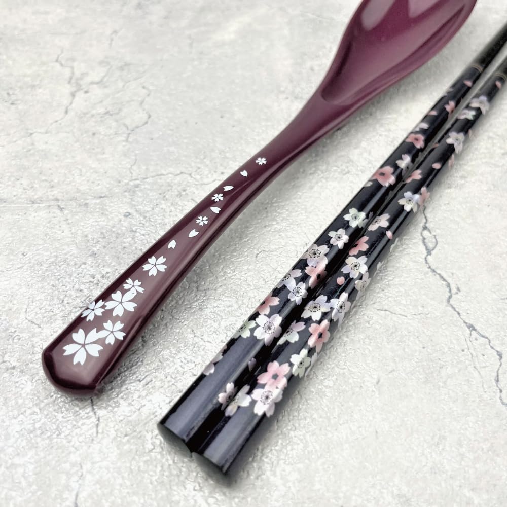 Premium Japanese Chopsticks with Spoon Reusable [ Made in Japan ] Traditional Lacquer Art Wooden Chopsticks (Flower PU(MK003))
