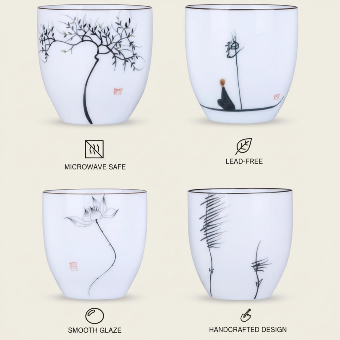 I-MART 4 Pcs Japanese Tea Cup Set, Chinese Style Ceramic Kung Fu Cups for Matcha, 5 oz Small Asian Tea Set, Traditional White Porcelain Cup Gift for Home or Office