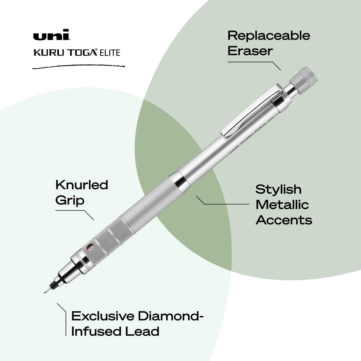 uniball Kuru Toga Elite Mechanical Pencil Starter Kit, 0.5mm, HB #2, Silver Barrel, 1 Pack