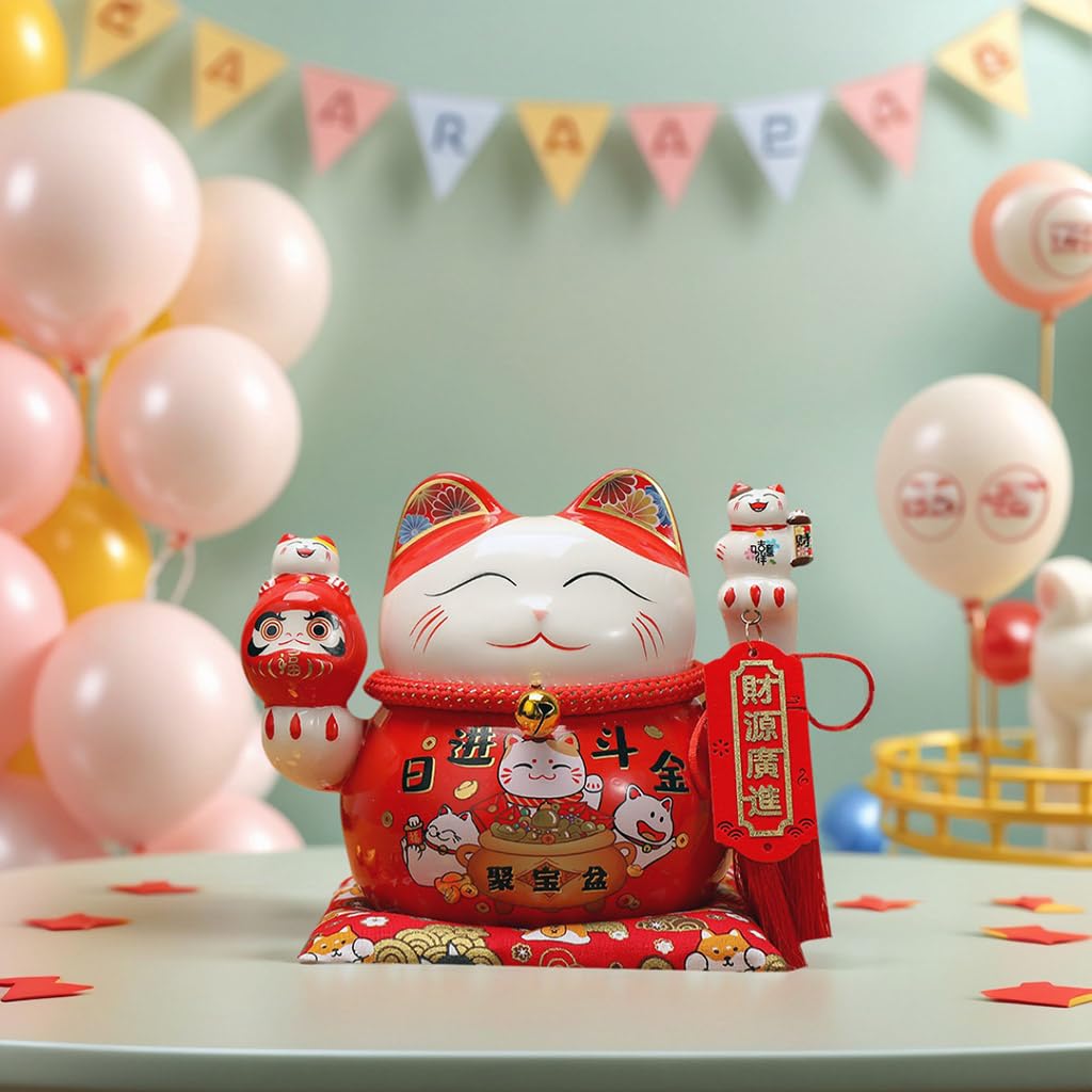 TXYXT Lucky Statue Cat Figurines Chinese Ceramic Lucky Statue Cat Piggy Bank Japanese Money Fortune Cat Gift Decorations for Store Company Opening (CQG65)