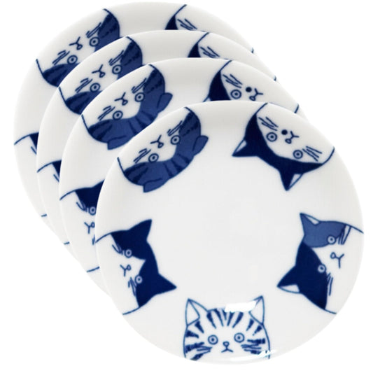 LOVE LOVE JAPAN Japanese Cat Design Ceramic Small Plates - Set of 4 - Great for Sushi, Dips, & Desserts, Cat Quintet