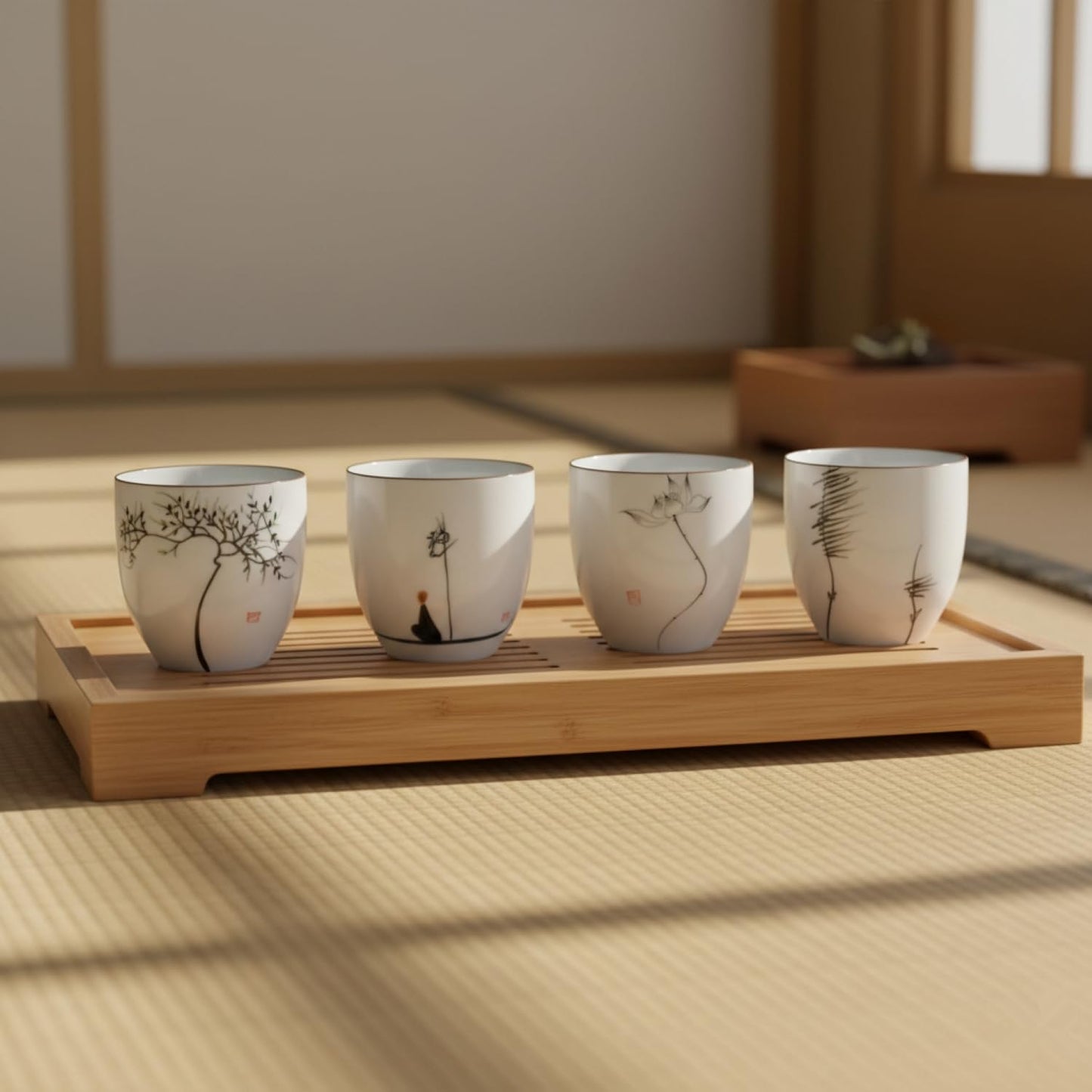 I-MART 4 Pcs Japanese Tea Cup Set, Chinese Style Ceramic Kung Fu Cups for Matcha, 5 oz Small Asian Tea Set, Traditional White Porcelain Cup Gift for Home or Office