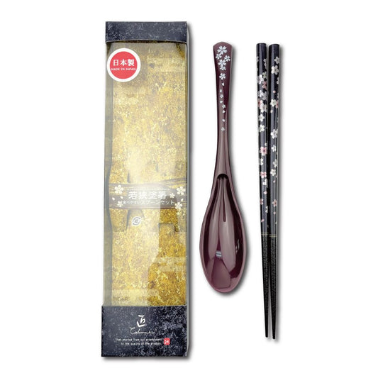 Premium Japanese Chopsticks with Spoon Reusable [ Made in Japan ] Traditional Lacquer Art Wooden Chopsticks (Flower PU(MK003))
