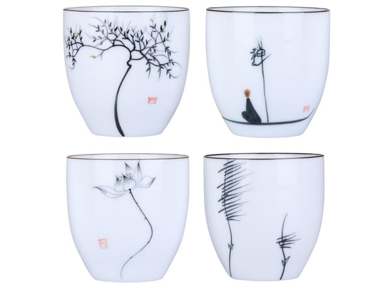 I-MART 4 Pcs Japanese Tea Cup Set, Chinese Style Ceramic Kung Fu Cups for Matcha, 5 oz Small Asian Tea Set, Traditional White Porcelain Cup Gift for Home or Office