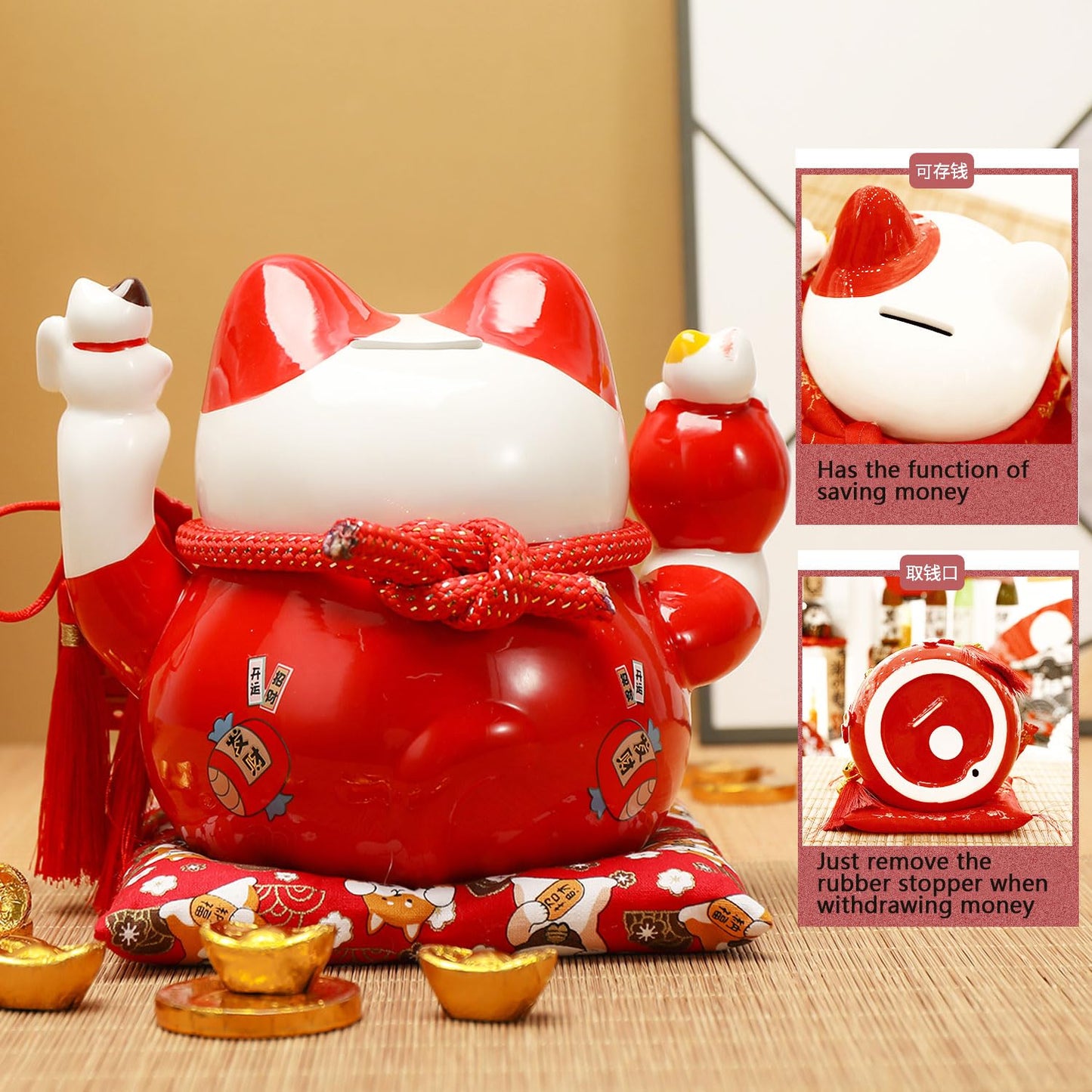 TXYXT Lucky Statue Cat Figurines Chinese Ceramic Lucky Statue Cat Piggy Bank Japanese Money Fortune Cat Gift Decorations for Store Company Opening (CQG65)