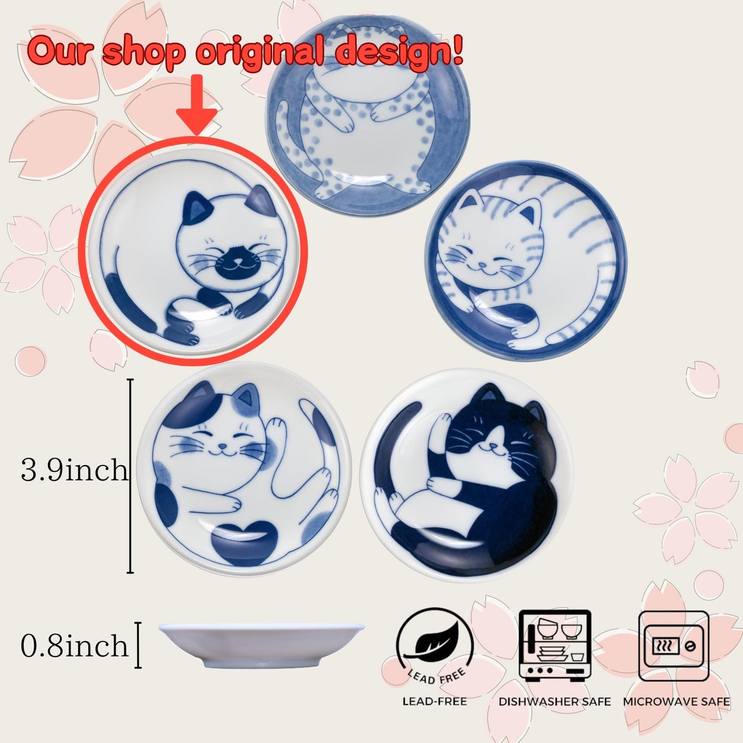 LOVE LOVE JAPAN Dessert Sushi Soy Sauce Salad Small Plate Set Ceramic Cats Design Set of 5 Made In Japan Sleeping Cat