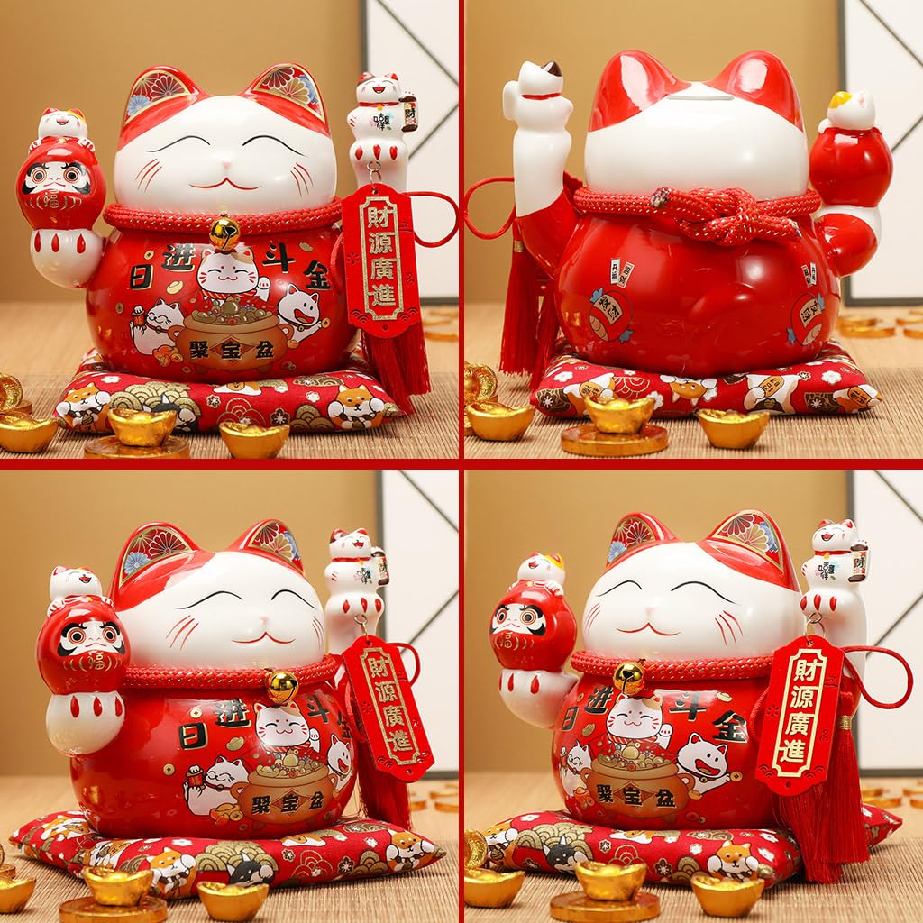 TXYXT Lucky Statue Cat Figurines Chinese Ceramic Lucky Statue Cat Piggy Bank Japanese Money Fortune Cat Gift Decorations for Store Company Opening (CQG65)
