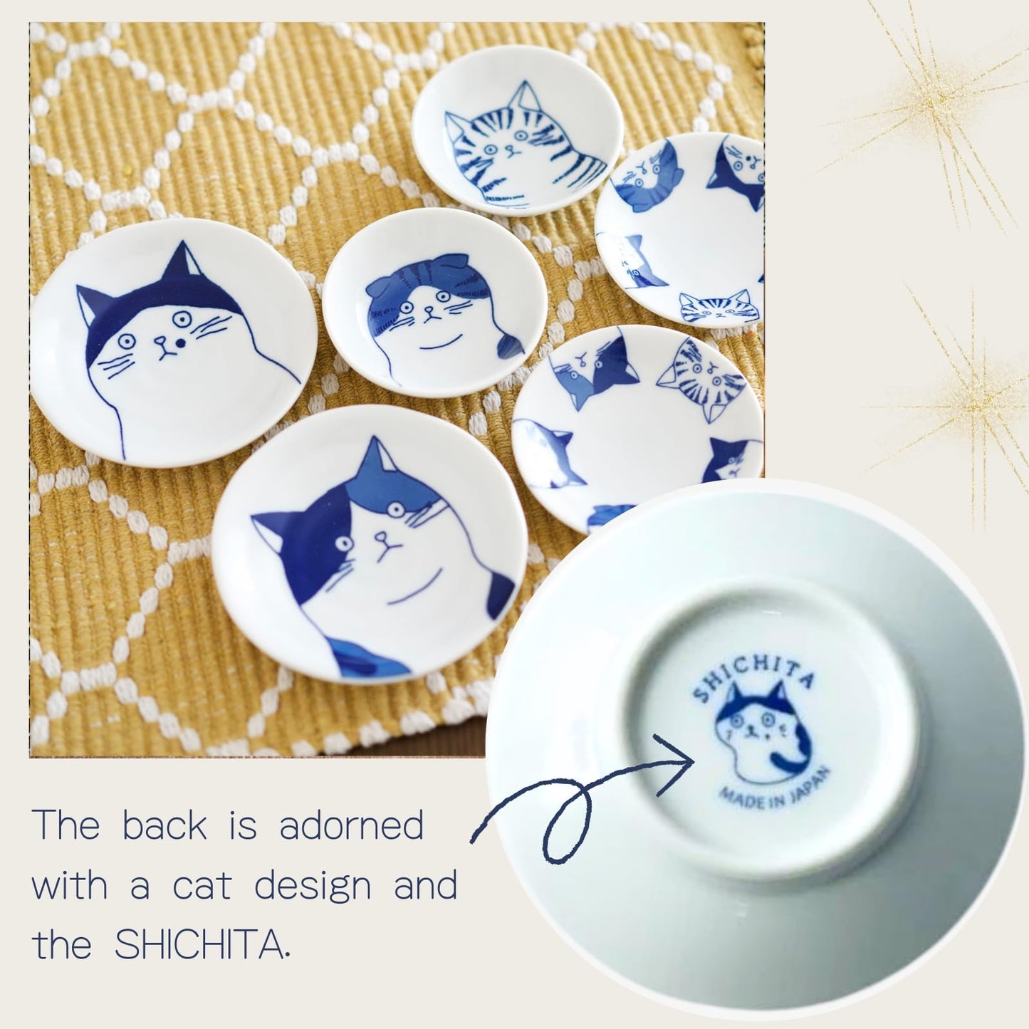 LOVE LOVE JAPAN Japanese Cat Design Ceramic Small Plates - Set of 4 - Great for Sushi, Dips, & Desserts, Cat Quintet