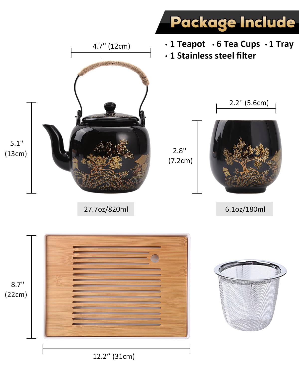 Dujust Japanese Tea Set, Black Porcelain Tea Set with 1 Teapot Set, 6 Tea Cups, 1 Tea Tray, 1 Stainless Infuser, Beautiful Asian Tea Sets for Adults, Tea Lover/Women/Men (Countryside in Golden)