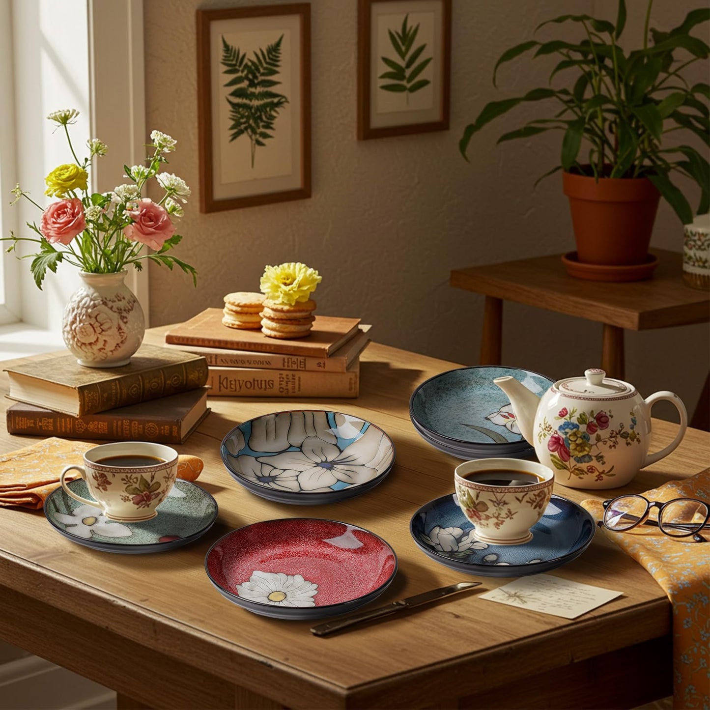 Maxdot Ceramic Dinner Plates Set of 6, 8.5 Inch Underglaze Painting Salad Plates, Glazing Process Floral Ceramic Gift Dishes for Steak Salad Pasta Appetizer, Microwave, Oven and Dishwasher Safe