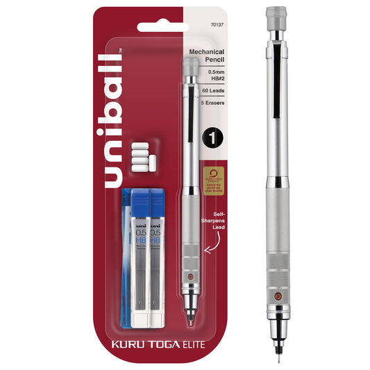 uniball Kuru Toga Elite Mechanical Pencil Starter Kit, 0.5mm, HB #2, Silver Barrel, 1 Pack