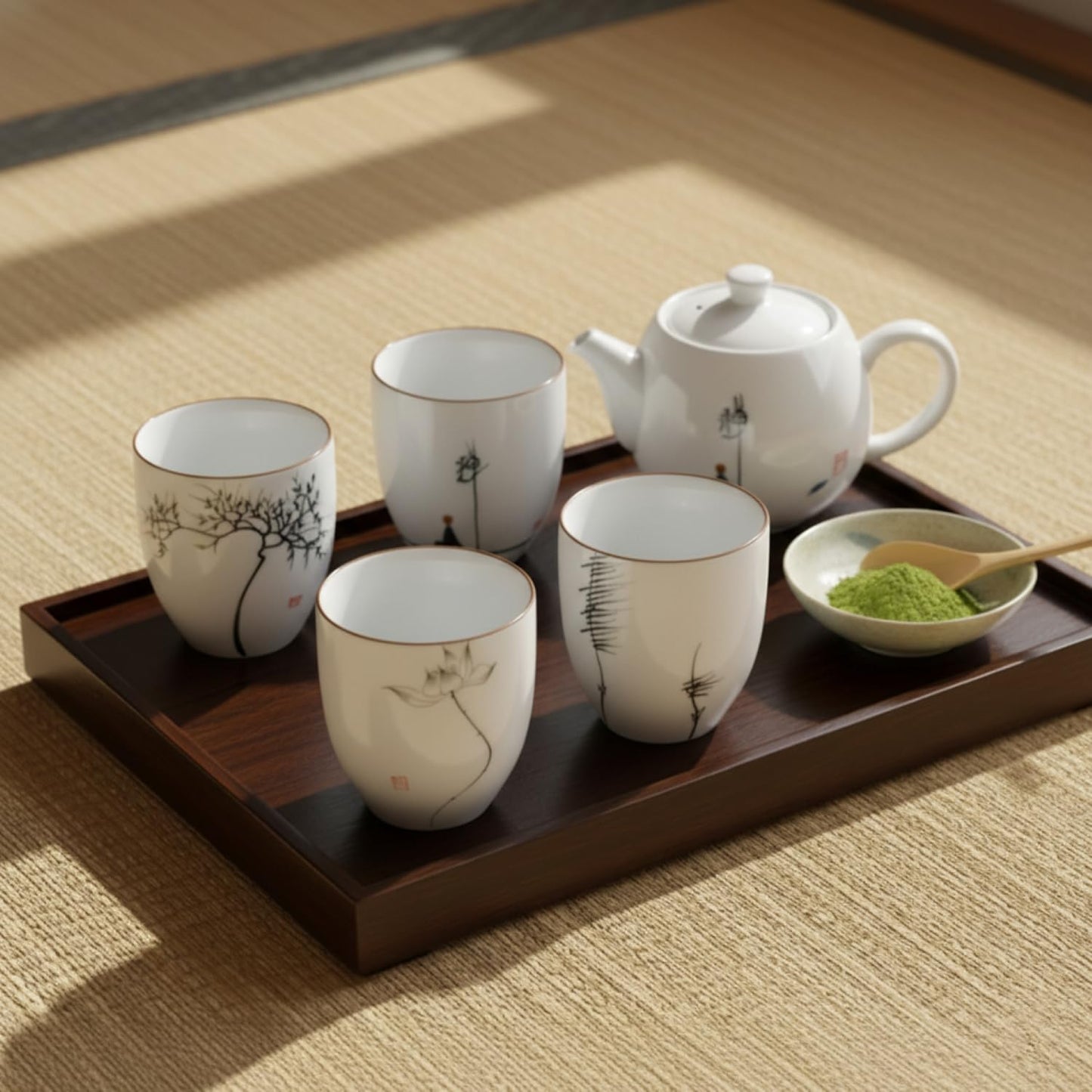 I-MART 4 Pcs Japanese Tea Cup Set, Chinese Style Ceramic Kung Fu Cups for Matcha, 5 oz Small Asian Tea Set, Traditional White Porcelain Cup Gift for Home or Office
