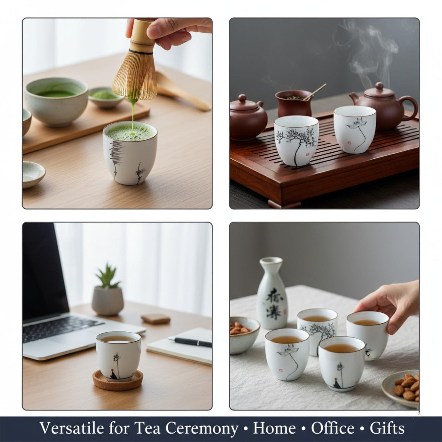 I-MART 4 Pcs Japanese Tea Cup Set, Chinese Style Ceramic Kung Fu Cups for Matcha, 5 oz Small Asian Tea Set, Traditional White Porcelain Cup Gift for Home or Office
