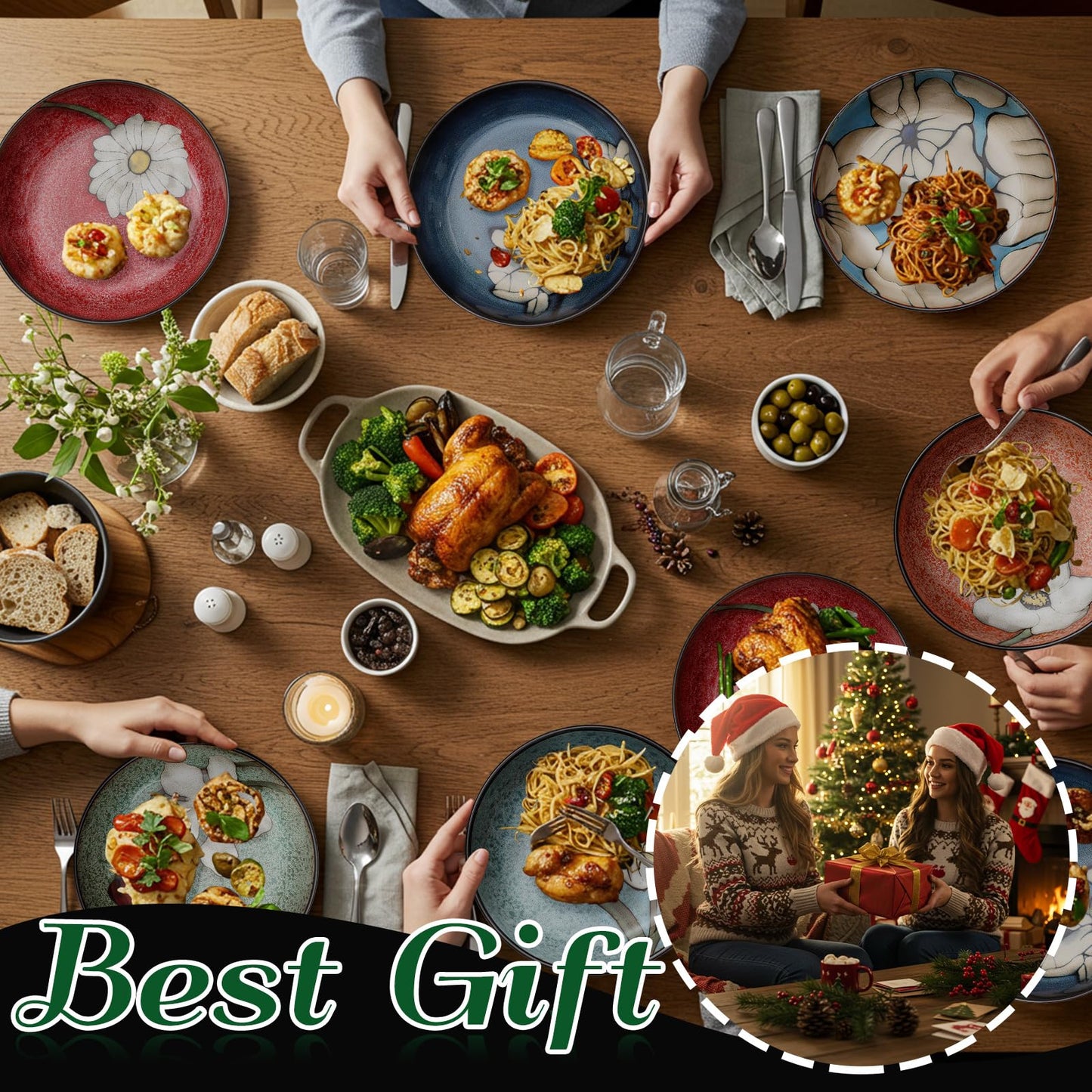 Maxdot Ceramic Dinner Plates Set of 6, 8.5 Inch Underglaze Painting Salad Plates, Glazing Process Floral Ceramic Gift Dishes for Steak Salad Pasta Appetizer, Microwave, Oven and Dishwasher Safe