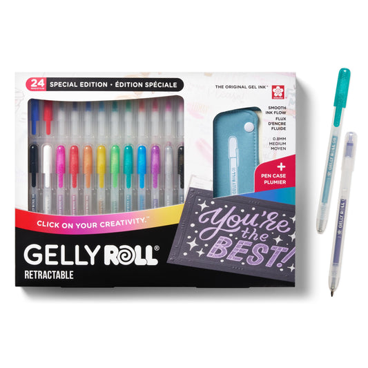 SAKURA Gelly Roll Retractable Gel Pens Colored - Assorted Gel Color Pens with Different Effects - 08 Medium Point Ink Pen for Journaling, Art, or Drawing - 1 Pen Case - Assorted Colored Ink - 24 Pens