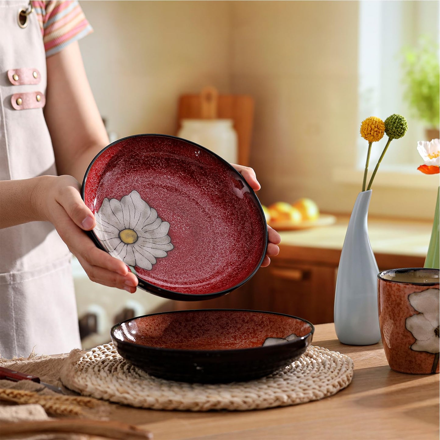 Maxdot Ceramic Dinner Plates Set of 6, 8.5 Inch Underglaze Painting Salad Plates, Glazing Process Floral Ceramic Gift Dishes for Steak Salad Pasta Appetizer, Microwave, Oven and Dishwasher Safe