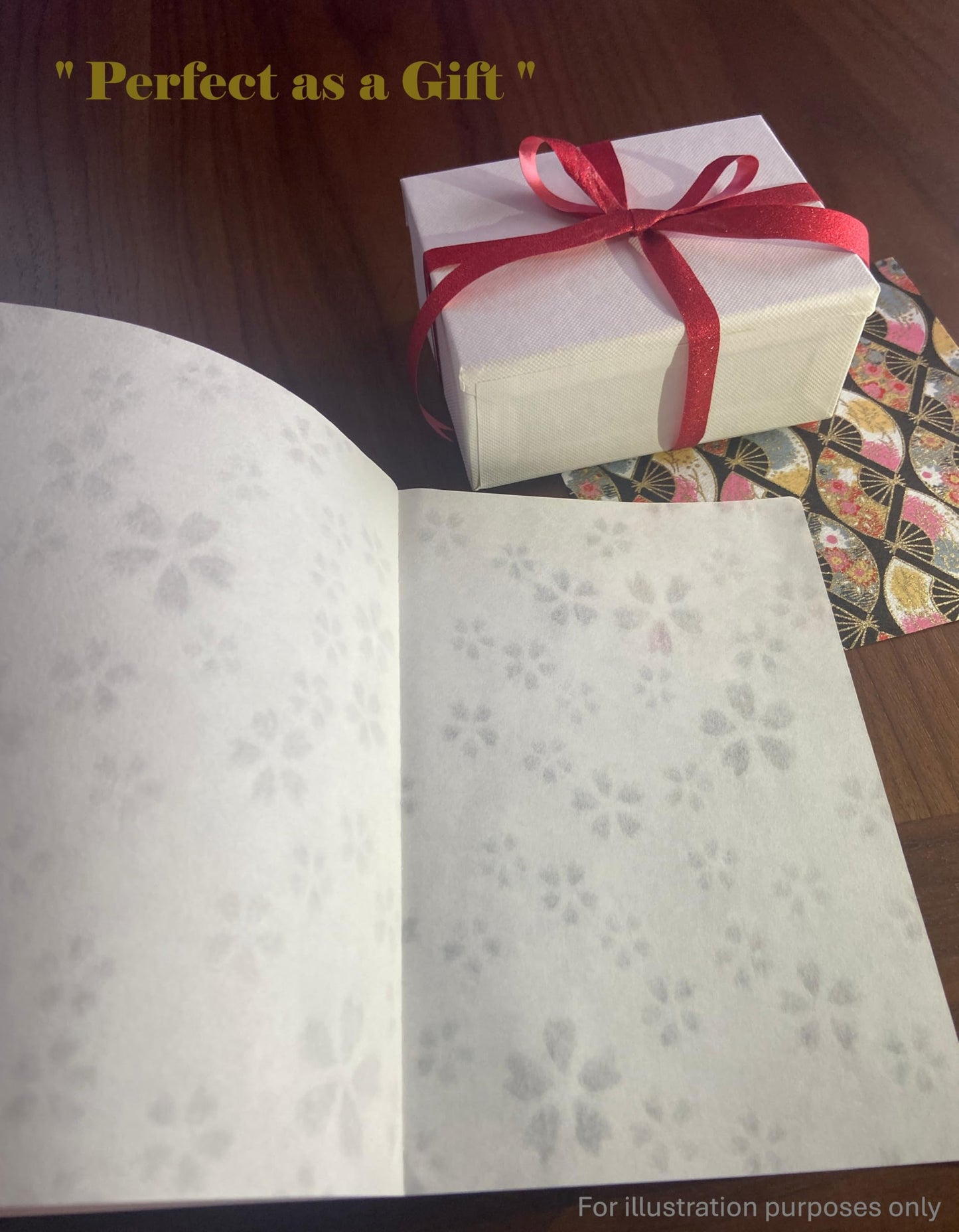 Made in Japan Echizen Washi Notebook with Sakura Watermark(Page 48) & 2 sheetsYuzen Origami Paper Set – Luxury Japanese Stationery Gift (Golden Kimono Pattern)