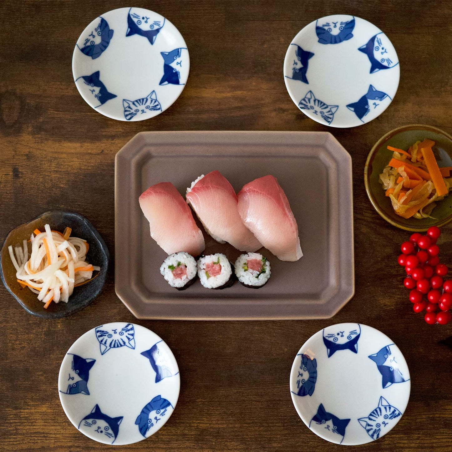 LOVE LOVE JAPAN Japanese Cat Design Ceramic Small Plates - Set of 4 - Great for Sushi, Dips, & Desserts, Cat Quintet