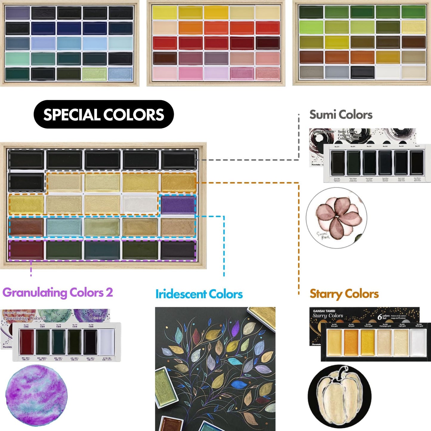 Kuretake GANSAI TAMBI Watercolor Paint Set 100 Colors with Wooden Box, Professional-quality art supplies for artists adult painting Non-Toxic, Made in Japan, MC20/100WD4