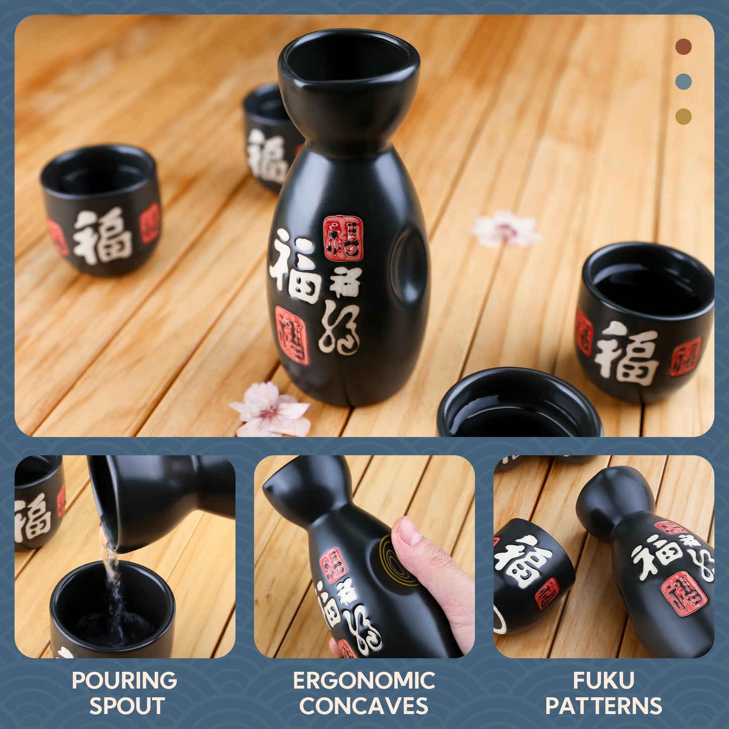 PUNNIO Ceramic Sake Set, 5pcs Japanese Saki Set with 1 Sake Carafe 4 Sake Cups, Saki Cup Set as Gift for Sake Japanese Wine/Hanzo Sake/Soju/Sake Drink/Saki Drink/Tea (Luckiness)