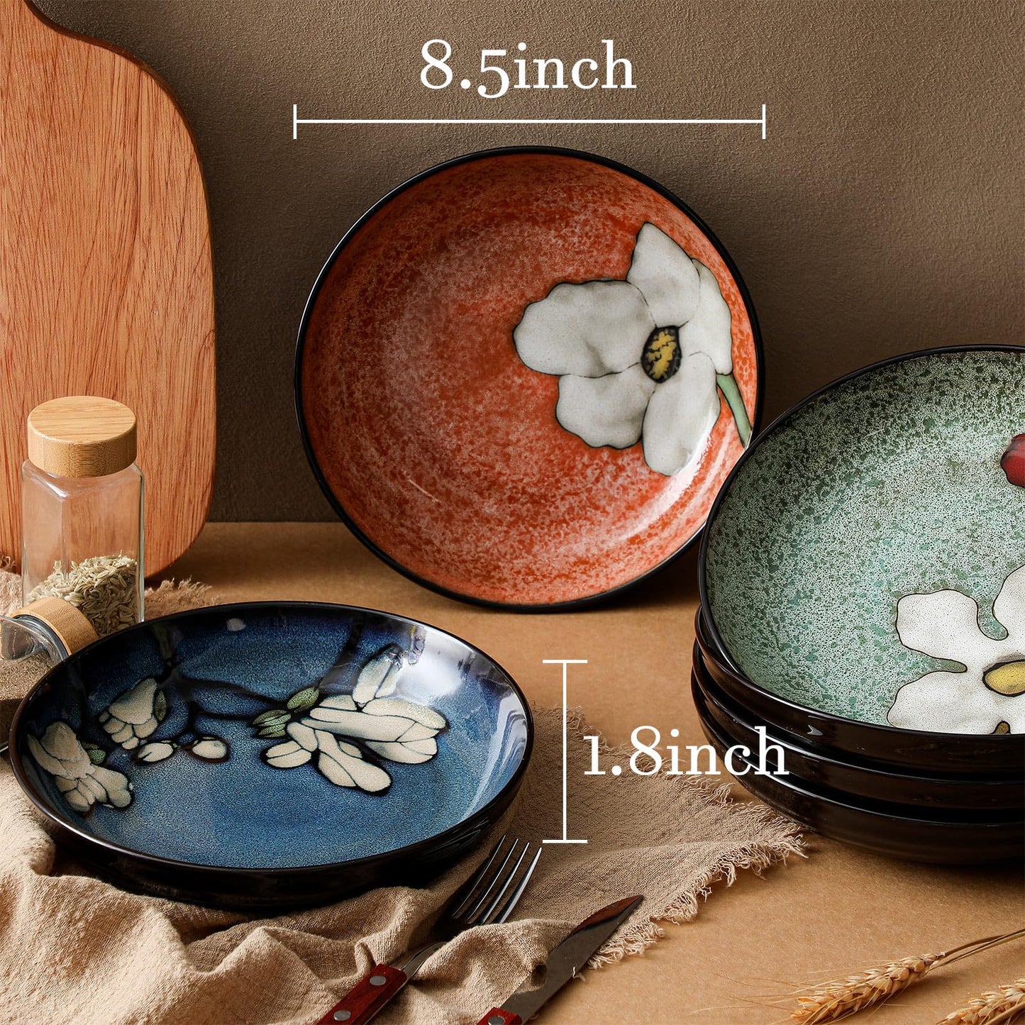 Maxdot Ceramic Dinner Plates Set of 6, 8.5 Inch Underglaze Painting Salad Plates, Glazing Process Floral Ceramic Gift Dishes for Steak Salad Pasta Appetizer, Microwave, Oven and Dishwasher Safe