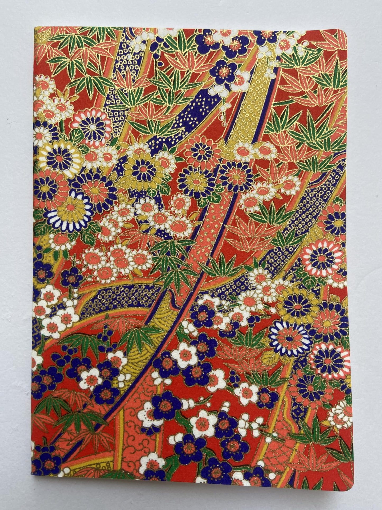 Made in Japan Echizen Washi Notebook with Sakura Watermark(Page 48) & 2 sheetsYuzen Origami Paper Set – Luxury Japanese Stationery Gift (Golden Kimono Pattern)