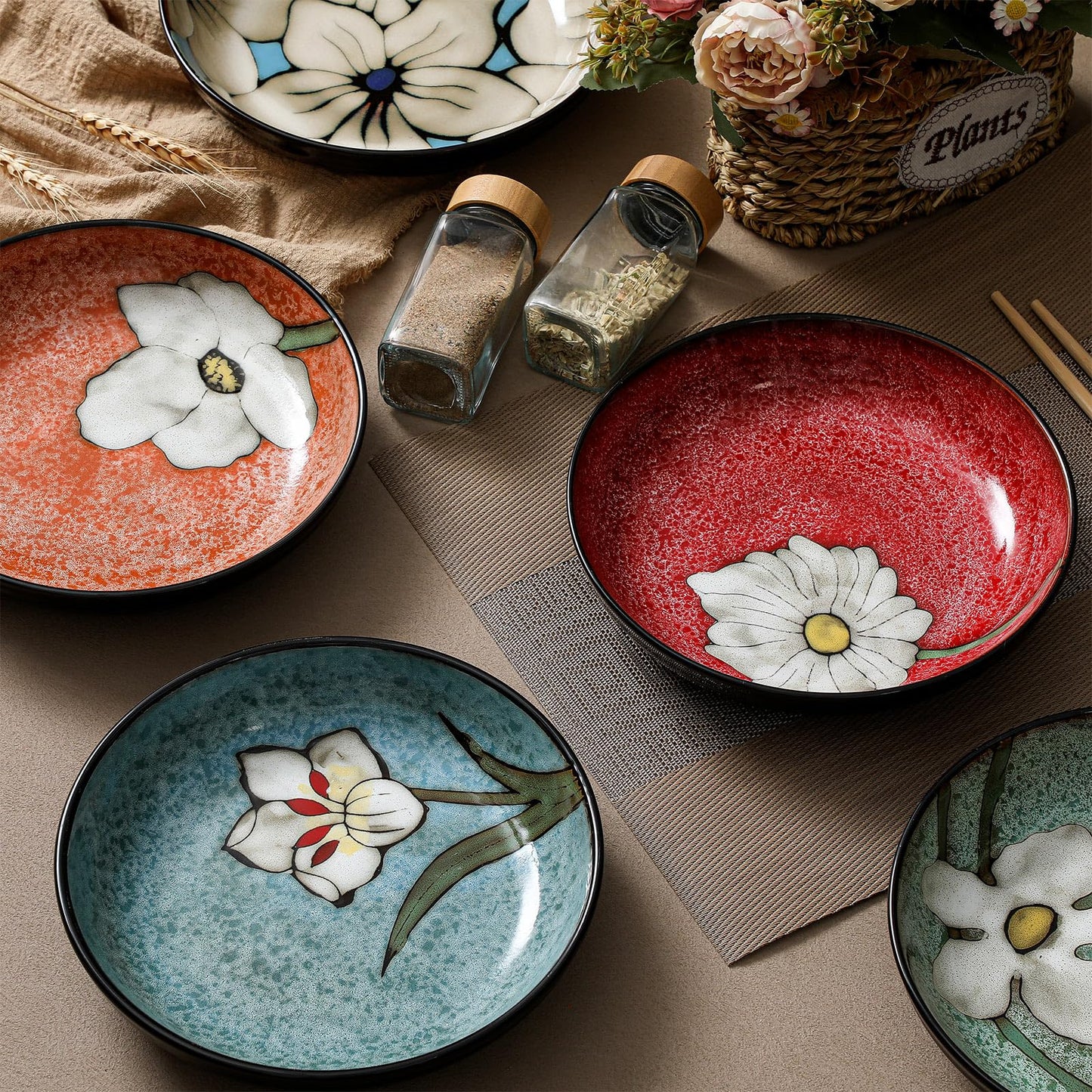 Maxdot Ceramic Dinner Plates Set of 6, 8.5 Inch Underglaze Painting Salad Plates, Glazing Process Floral Ceramic Gift Dishes for Steak Salad Pasta Appetizer, Microwave, Oven and Dishwasher Safe